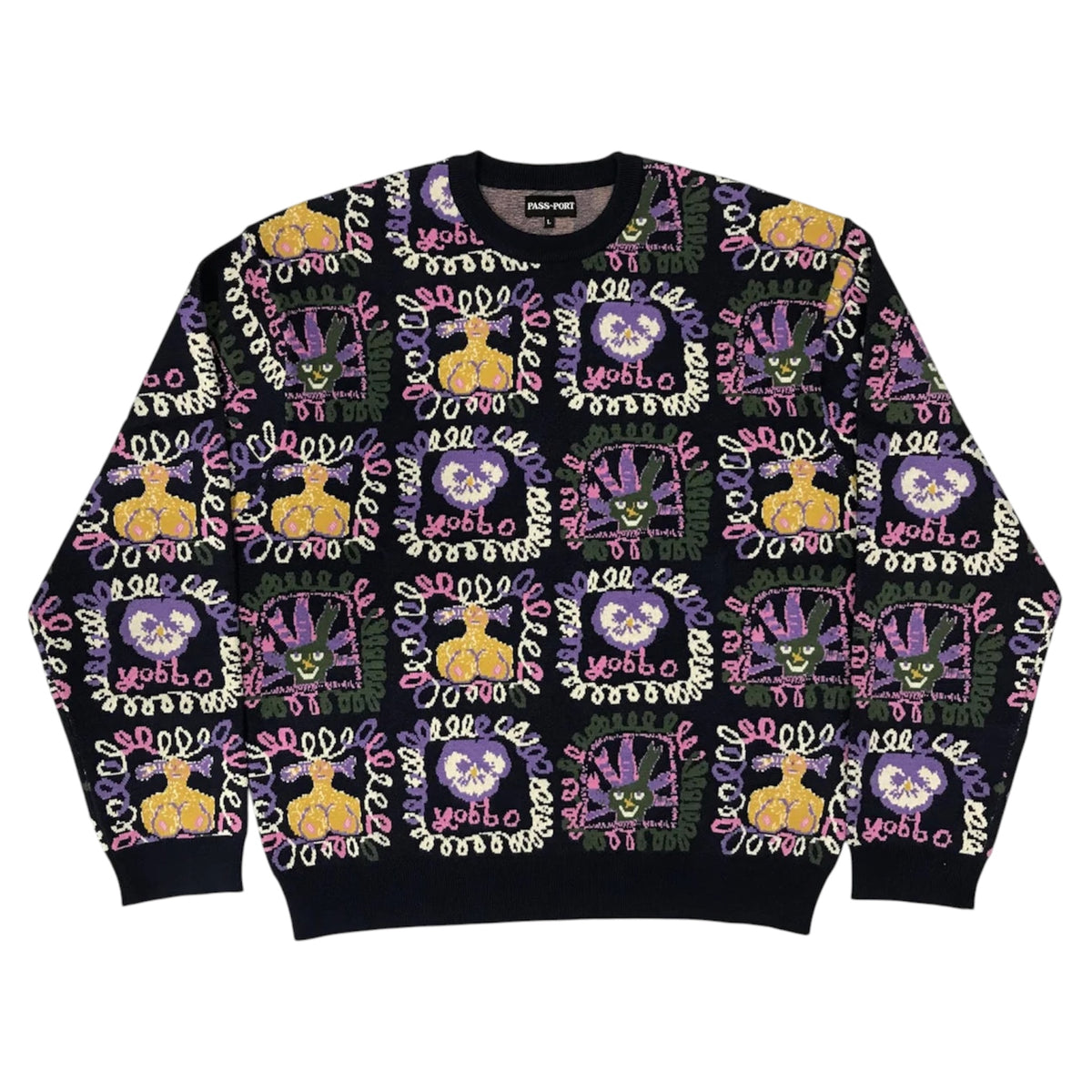 PASSPORT FACES KNIT SWEATER BLACK