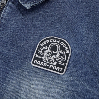 PASSPORT HERCU~LOCKS RECYCLED DENIM FREIGHT JACKET WASHED DARK INDIGO