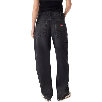 DICKIES WOMENS LOOSE TAPPERED WORK JEANS BLACK WASH FADED