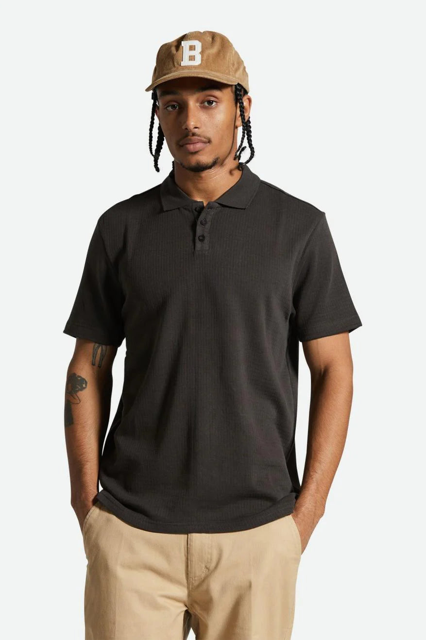 BRIXTON WAFFLE SHORT SLEEVE POLO SHIRT WASHED BLACK