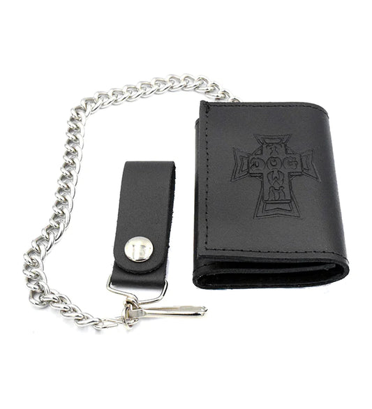 DOGTOWN CROSS LOGO LEATHER TRIFOLD CHAIN WALLET BLACK