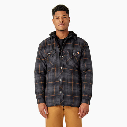 DICKIES FLEECE HOODED FLANNEL SHIRT HYDROSHIELD JACKET BLACK CHARCOAL OMBRE PLAID