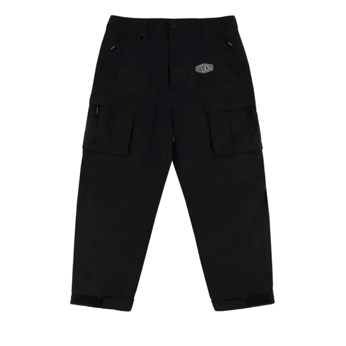 Black cargo pants with multiple utility pockets and a small oval logo patch on the upper right hip, shown flat against a white background with black letterbox bars on the sides.