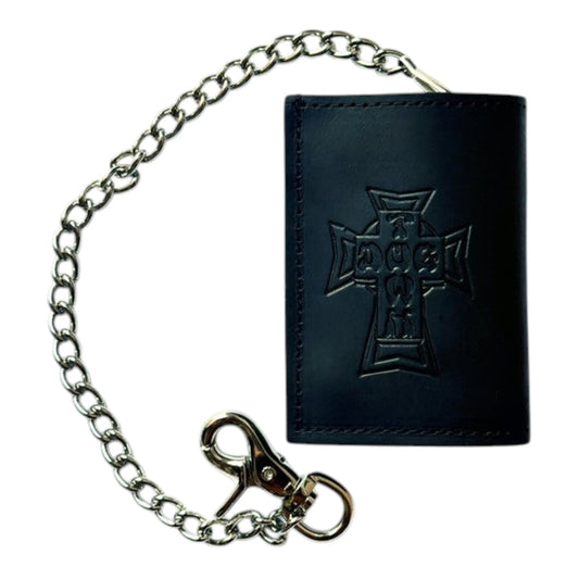 DOGTOWN VINTAGE CROSS SMALL LEATHER TRIFOLD CHAIN WALLET WITH LOBSTER HOOK BLACK