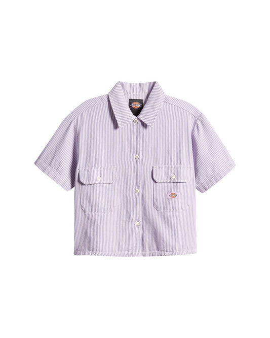 DICKIES WOMENS HICKORY STRIPE CROPPED WORK SHIRT LILAC