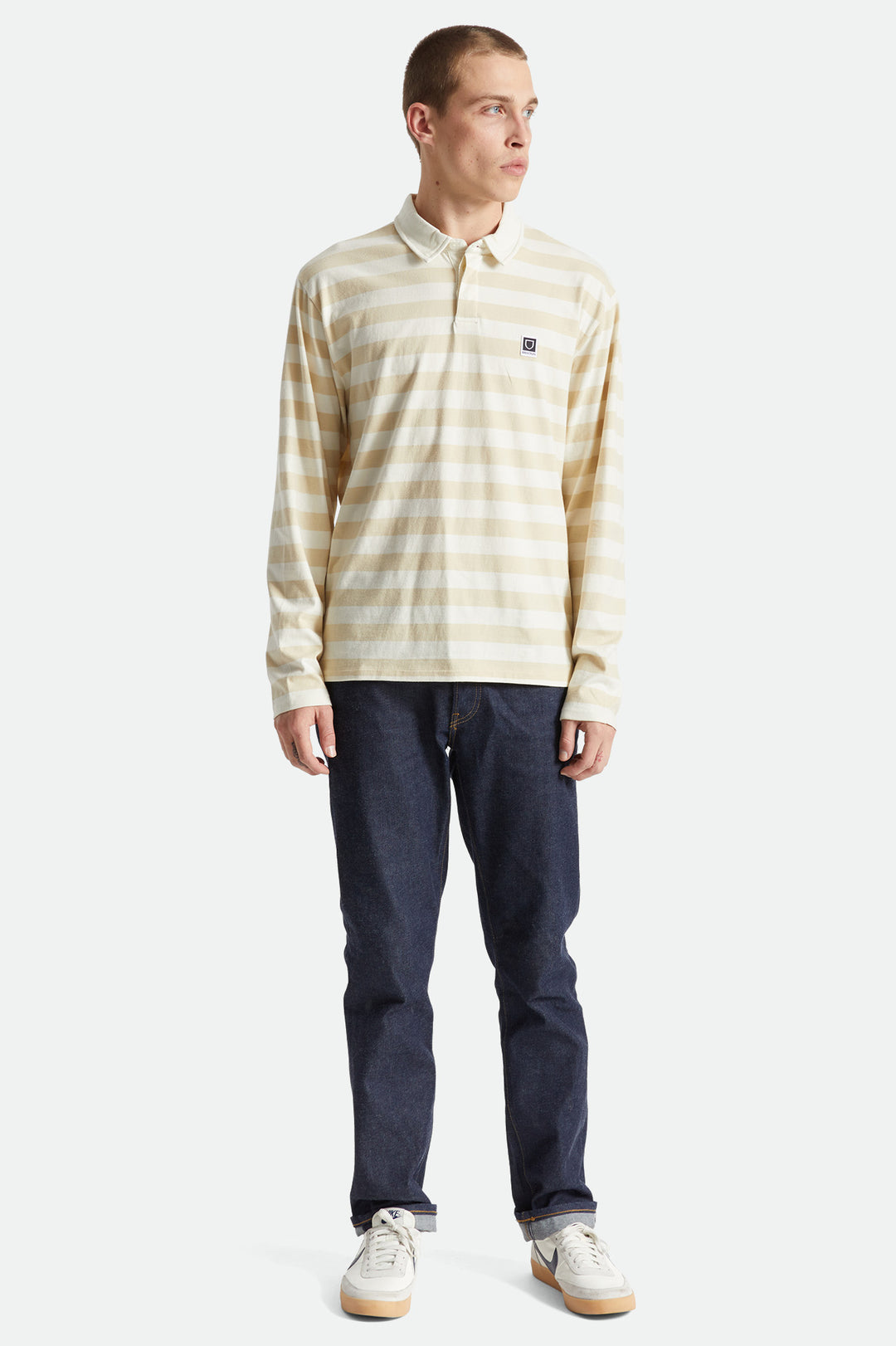 BRIXTON BETA RUGBY LONG SLEEVE KNIT TOP GRAVEL / OFF WHITE